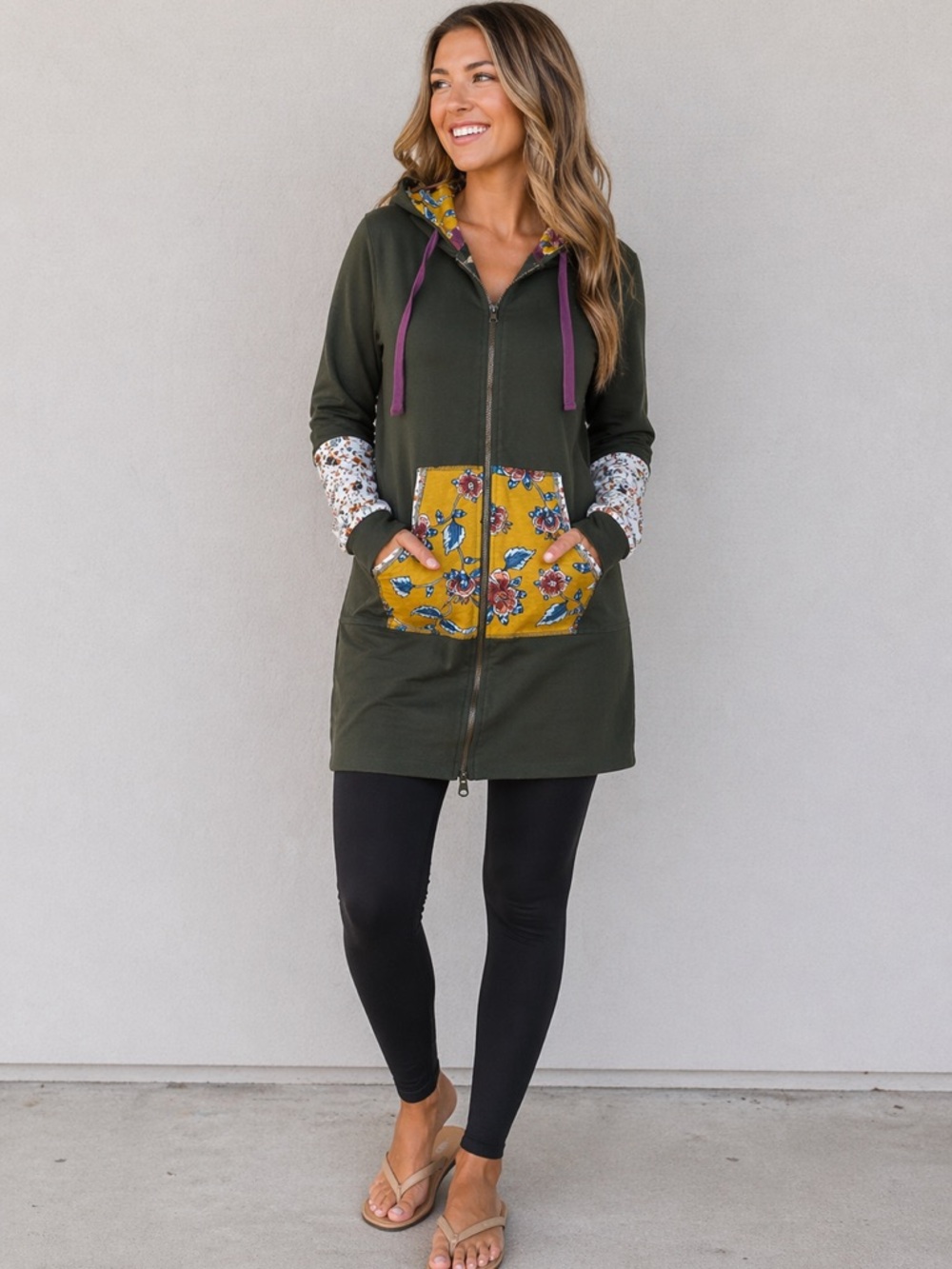 Matilda Jane Long Green Hoodie Tunic zip Front Boho Pocket Athleisure Boho Xs
